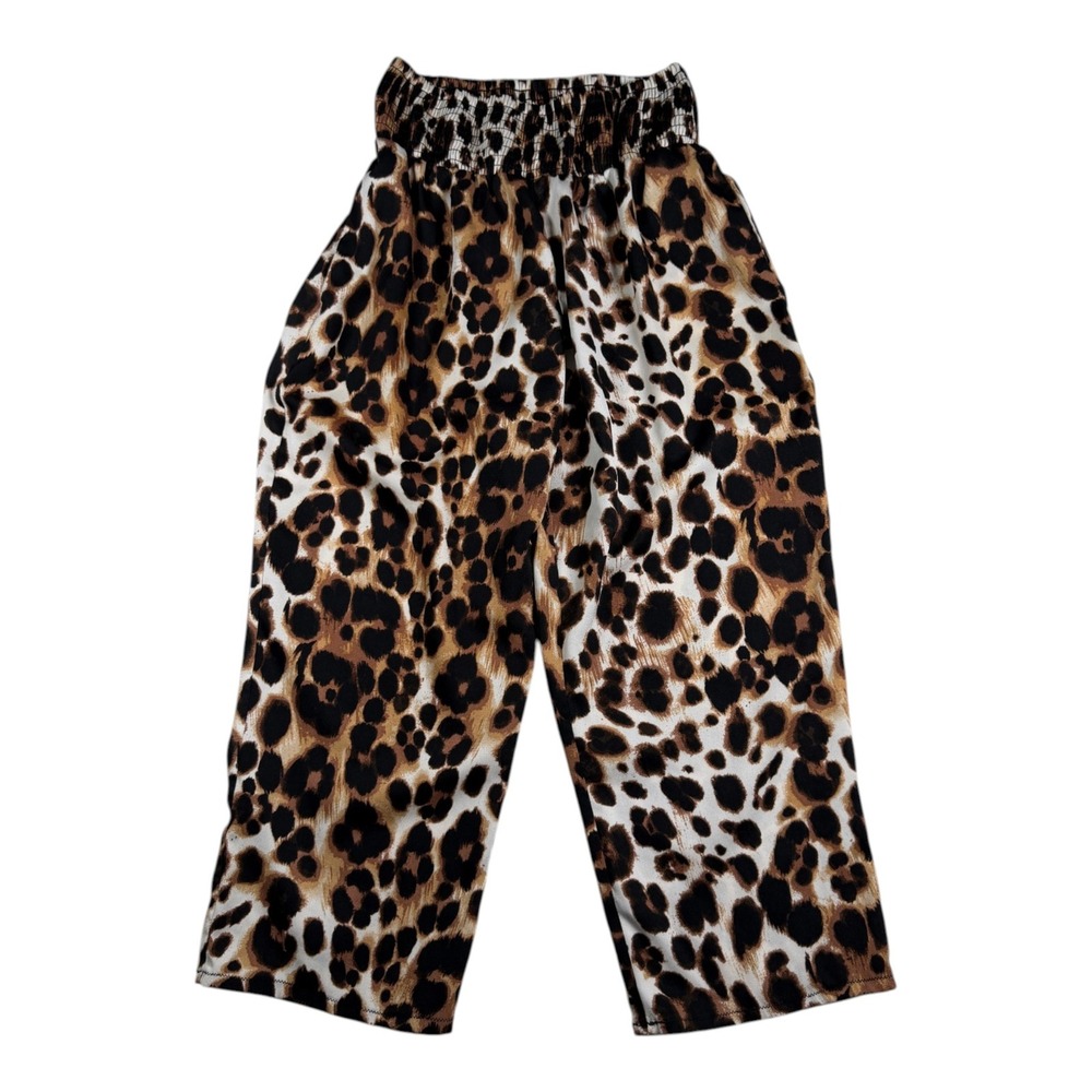 Bebe Leopard Print Smocked Waist Cropped Wide Leg Pants Small Womens Brown Black
